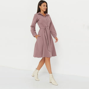 Women Vintage Sashes Elegant A-line Party Dress Long Sleeve Turn Down Collar Solid Casual Dress 2019 Winter New Fashion Dress