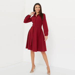 Women Vintage Sashes Elegant A-line Party Dress Long Sleeve Turn Down Collar Solid Casual Dress 2019 Winter New Fashion Dress