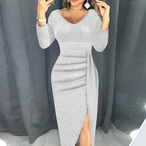 VIEUNSTA Sexy Off Shoulder Party Dress Women High Slit Peplum Bodycon Dress Autumn Three Quarter Sleeve Bright Silk Shiny Dress