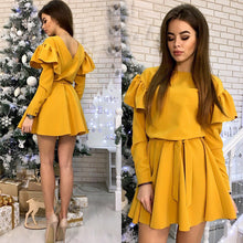 Load image into Gallery viewer, Women Sashes Ruffled a Line Party Dress Ladies Long Sleeve O Neck Elegant Dress 2019 Female autumn Solid Mini Dress