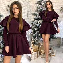 Load image into Gallery viewer, Women Sashes Ruffled a Line Party Dress Ladies Long Sleeve O Neck Elegant Dress 2019 Female autumn Solid Mini Dress