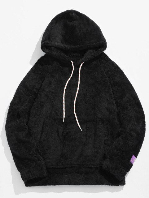 ZAFUL Winter Men Hoodies Solid Pouch Pocket Fluffy Men Pullover Pouch Pocket Streetwear Detail Hoodie Male Hooded Sweatshirt Top