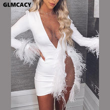 Load image into Gallery viewer, Women See Through Nightclub Dress Mesh Inserted Embellished Party Dress Sexy White Feather Mini Dress