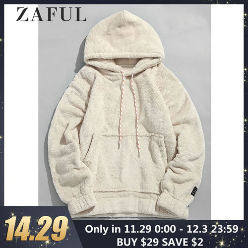 ZAFUL Winter Men Hoodies Solid Pouch Pocket Fluffy Men Pullover Pouch Pocket Streetwear Detail Hoodie Male Hooded Sweatshirt Top